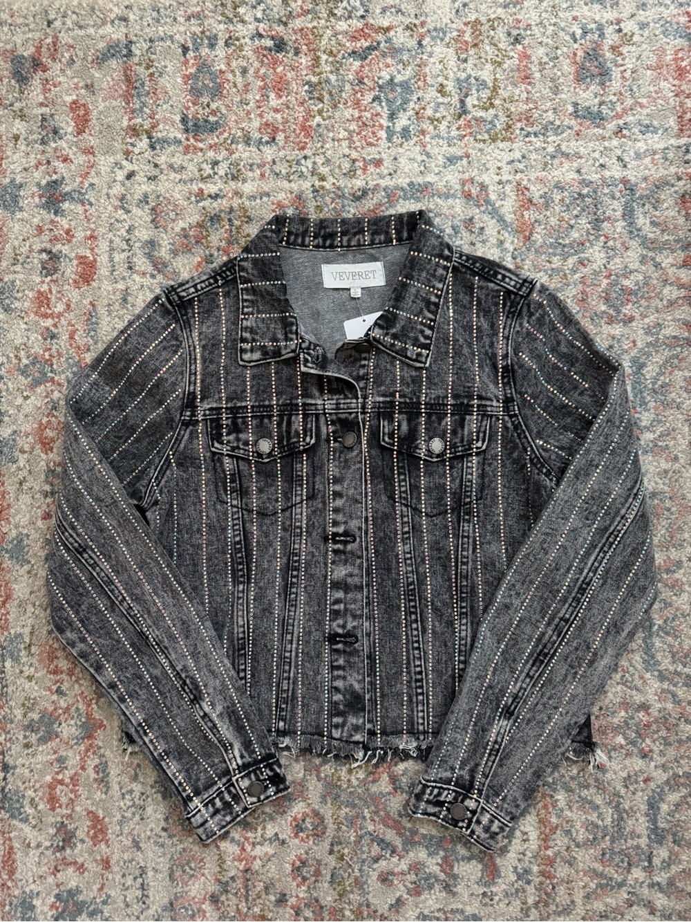 Veveret Washed Black Rhinestone Denim Jacket